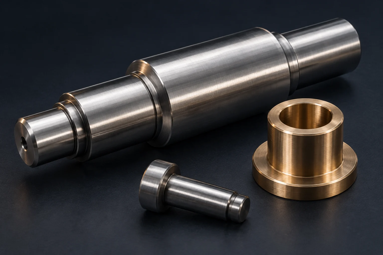 Illustrative stepped shafts, flanged guide bushings and locating pins for discussing automation assemblies