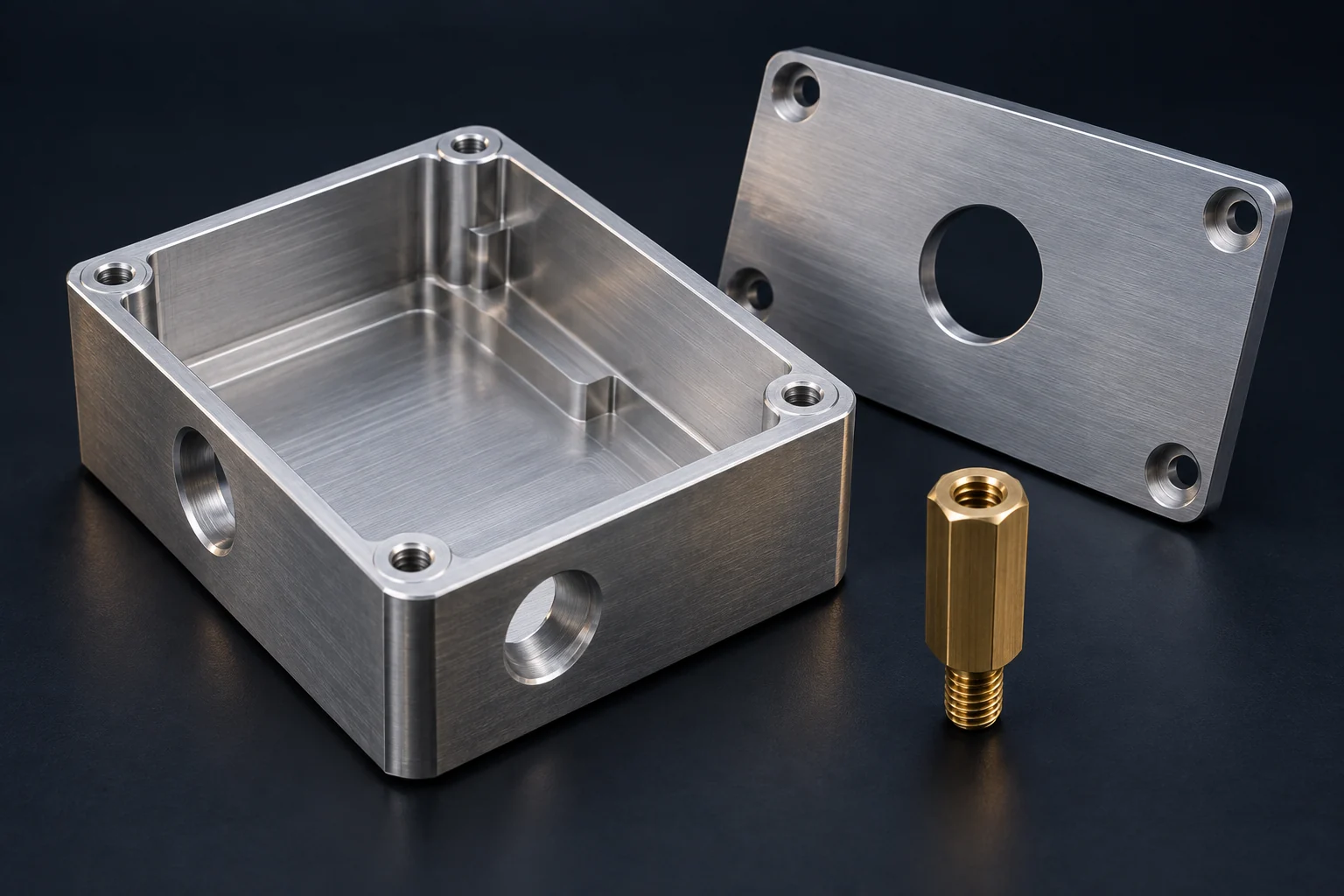 Illustrative aluminum enclosure, mounting plate and threaded standoff component forms