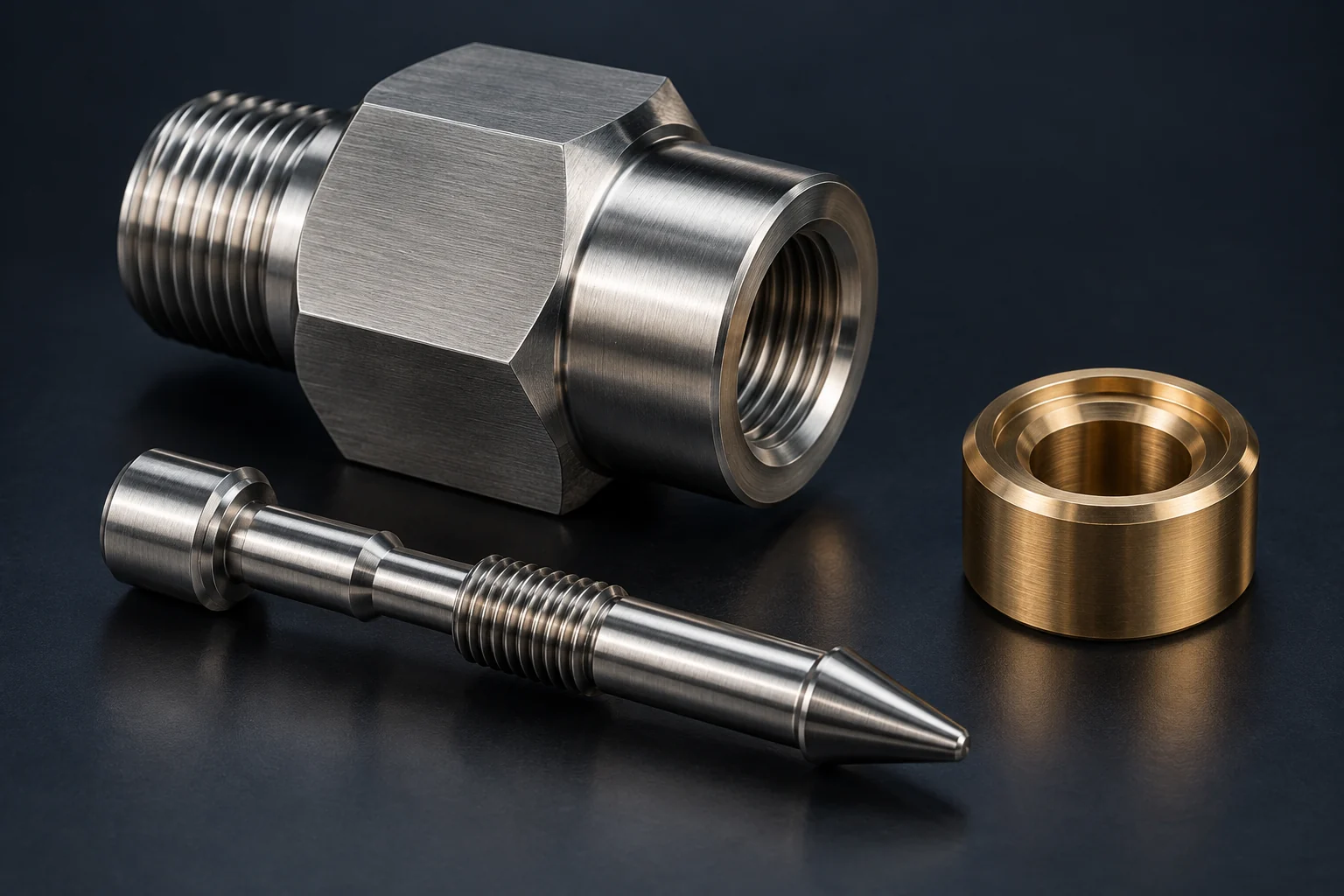Illustrative hex through-bore adapters, tapered valve needles or stems and valve seat inserts