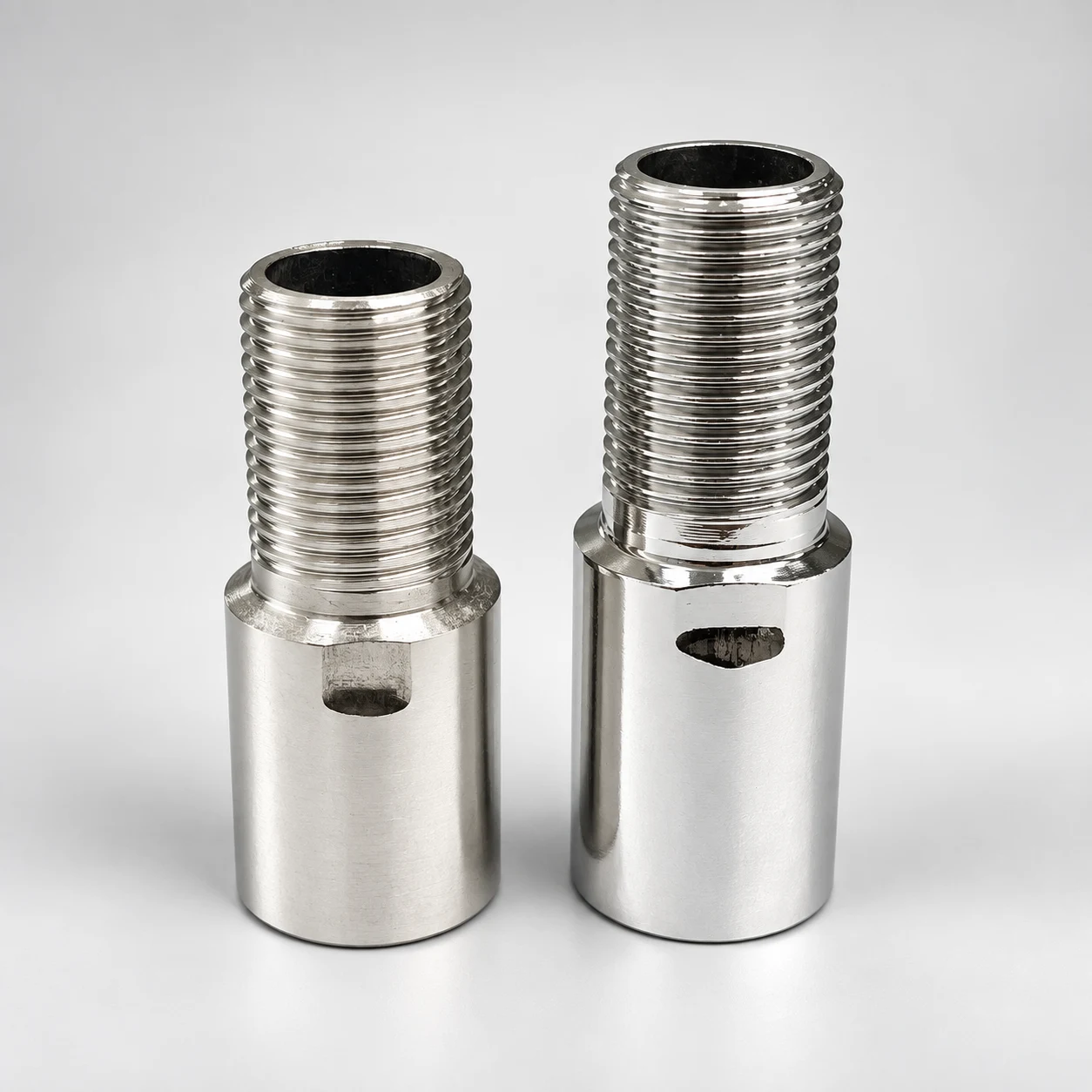 Stainless steel threaded coupling — AI-assisted studio presentation based on the original Chengshuo photograph