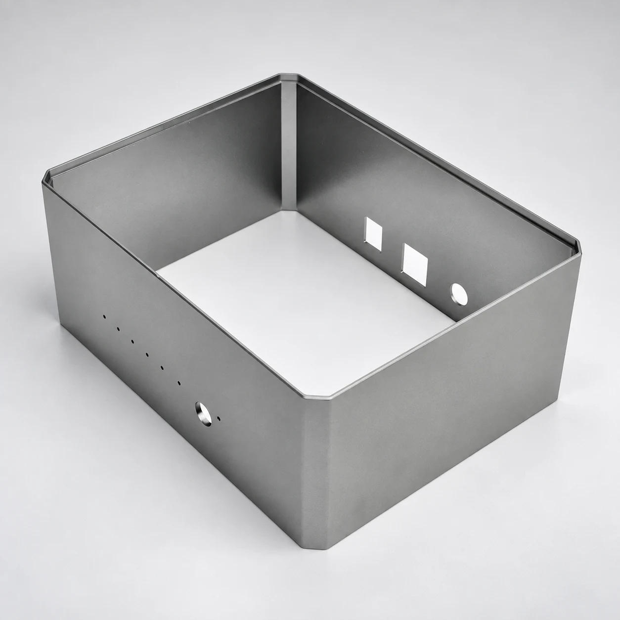 Aluminum TV box enclosure — AI-assisted studio presentation based on the original Chengshuo photograph