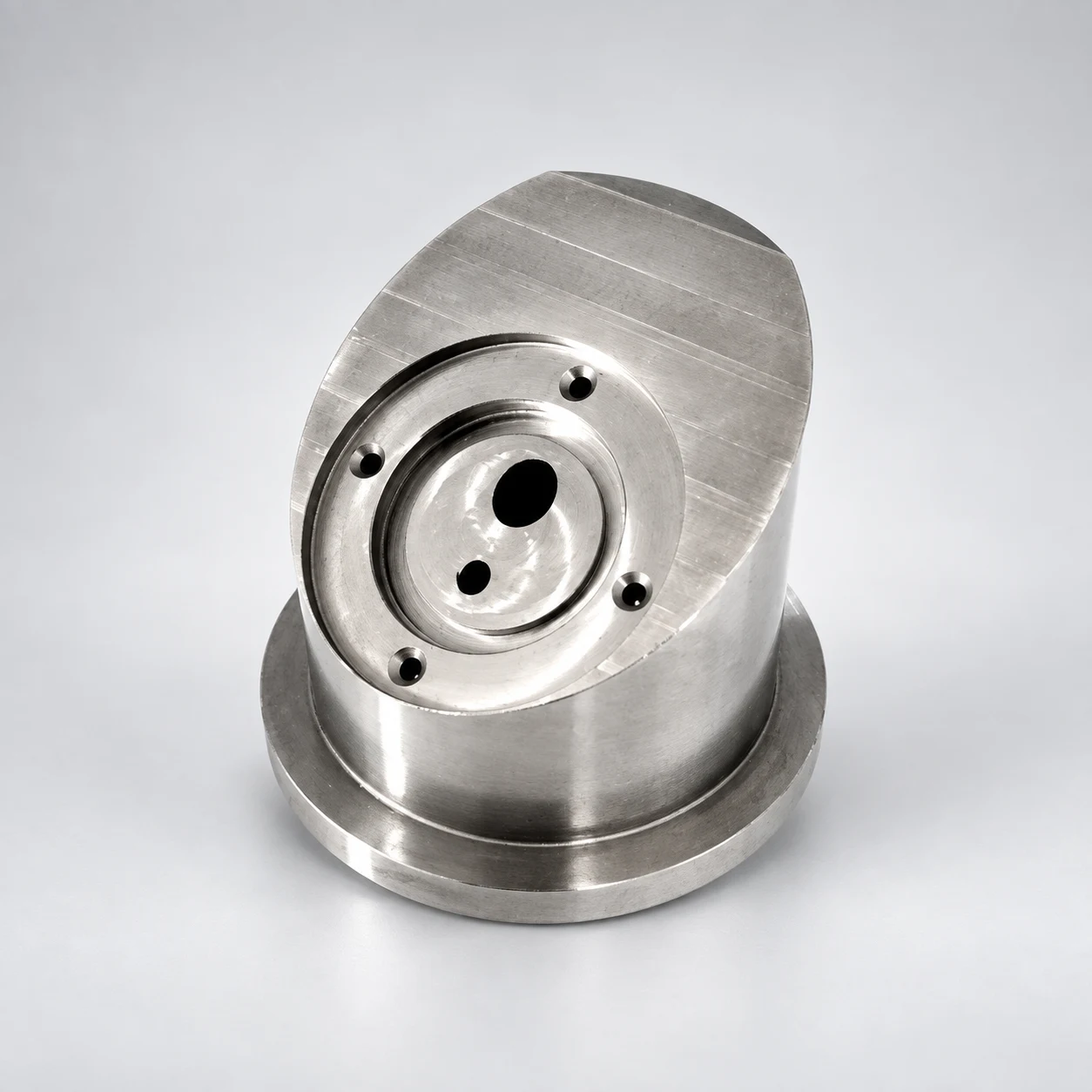Stainless steel angled connector — AI-assisted studio presentation based on the original Chengshuo photograph