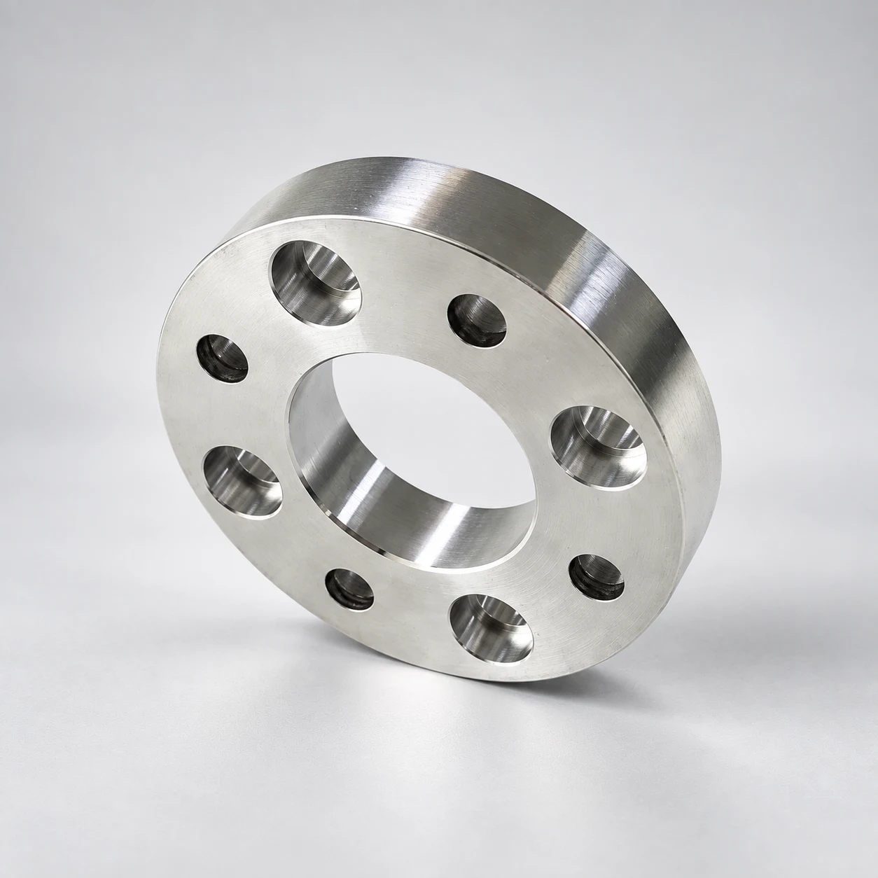 Stainless steel flange plate — AI-assisted studio presentation based on the original Chengshuo photograph