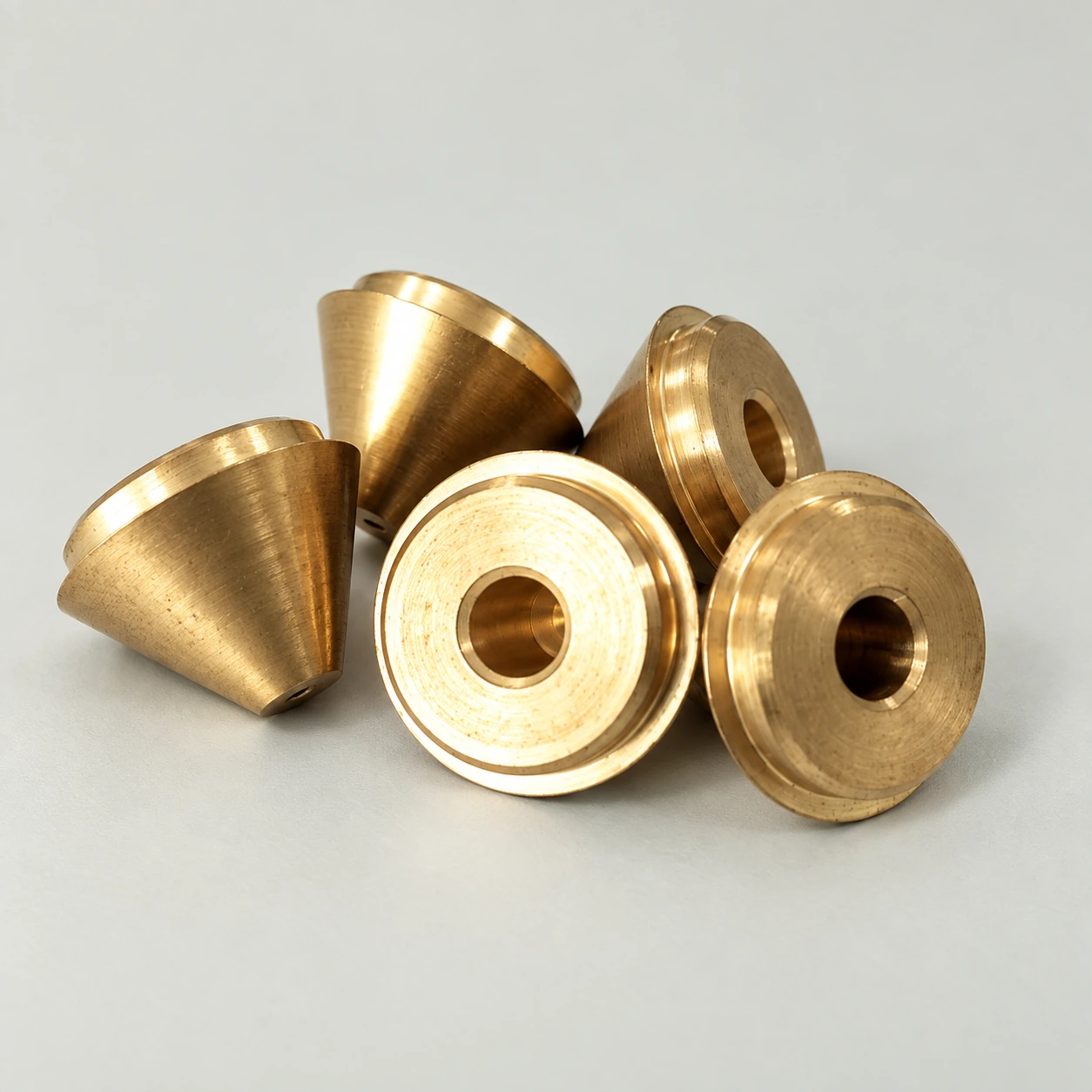 Brass cone nozzles — AI-assisted studio presentation based on the original Chengshuo photograph