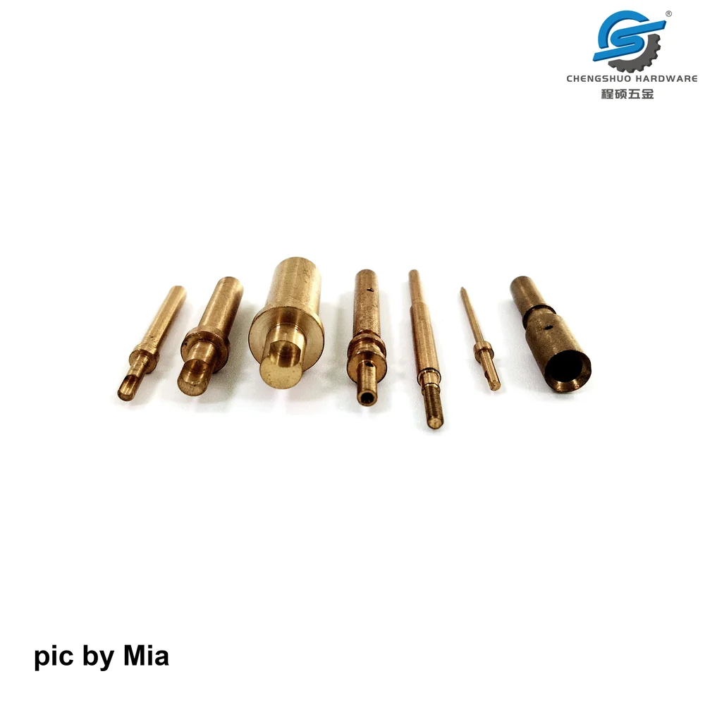 Chengshuo second original photograph of the brass contact-component series, showing stepped diameters and end openings